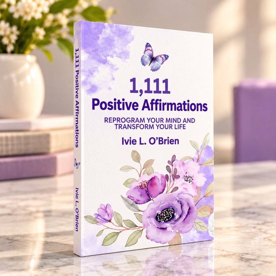 1,111 Positive Affirmations standing on a marble table, purple watercolor flowers and a butterfly on the cover